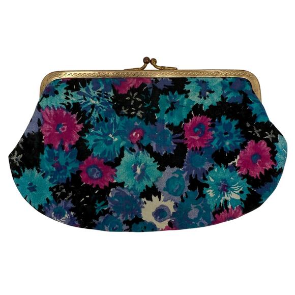 Vintage Clutch & Coin Purse Floral Blue Pink Purple Snap Closure - Picture 2 of 8